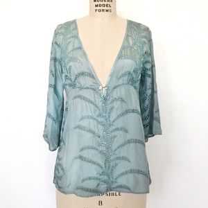 GOLD HAWK - Pale Blue Silk Top w/ Flared Sleeves